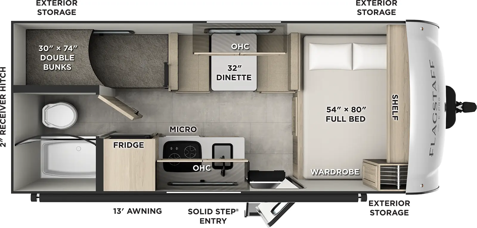 The Flagstaff E-Pro E17LE floorplan has one entry and zero slide outs. Exterior features include: fiberglass exterior and 13' awning. Interiors features include: bunk beds and front bedroom.